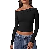 QINSEN Women Long Sleeve Off Shoulder Tops Trendy Double Lined Going Out Shirt for Fall