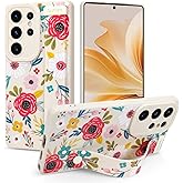 Jefonha Case for Samsung Galaxy S25 Ultra 6.9 inch 2025 Released, Silicone Case with Strap for Women Girls Cute Floral Flowers Adjustable Wristband Kicktand Cover for S25 Ultra, Beige Blossom