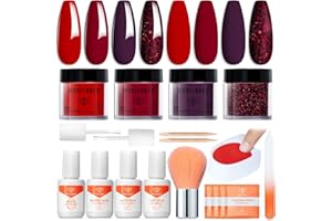 Modelones Dip Powder Nail Kit, 4 Colors Valentine's Day Red Purple Glitter Dipping Starter Set with Liquid and Accessories for French Nails Art Salon DIY at Home Manicure