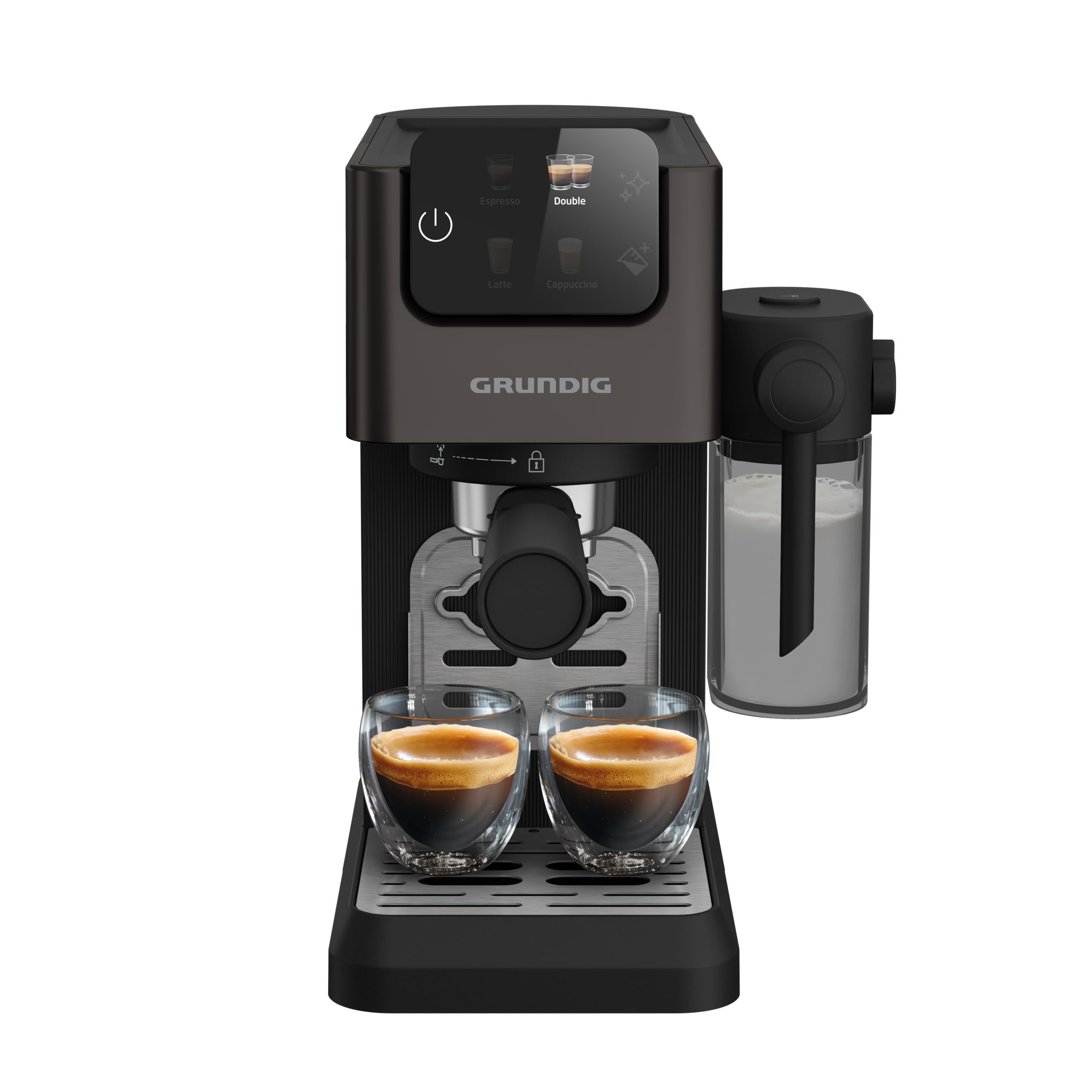 GRUNDIG - KSM 5330 Siebträgermaschine - 1628 W - 15 Bar Pumpendruck - Dark Inox - Milchbehälter 300ml - Touch-Display - BrewSense Technologie - 1,1L Wassertank - Espresso & Cappuccino - Robust 8