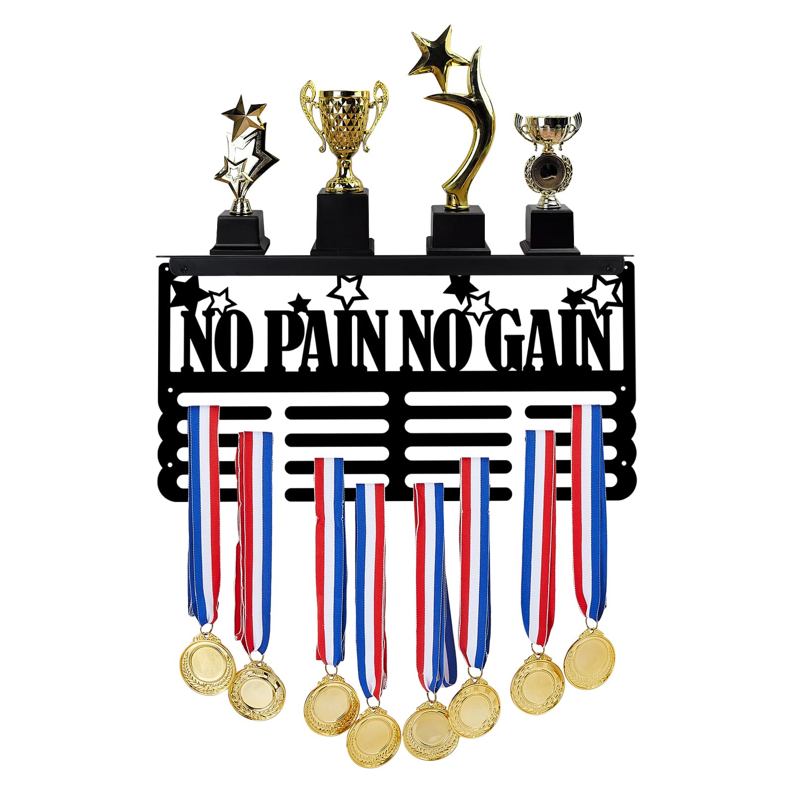 SUPERDANT No Pain No Gain Trophy and Medal Display Shelf Stars Medal Hanger Display Trophy Shelf Sports Award Display Shelf for Wall Metal Wall Mount Award Ribbon Display for Athletes