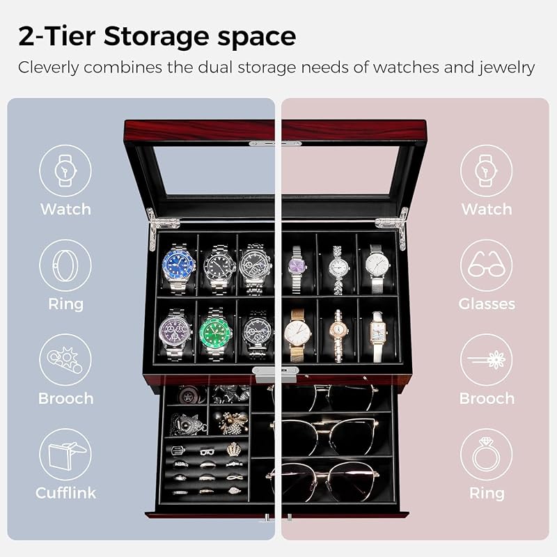 Caja de Relojes con 12 Ranuras, Joyero Hombre con Tapa de Cristal