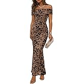 ZESICA Women's Summer Off Shoulder Floral Bodycon Maxi Dress 2026 Ruched Elegant Formal Cocktail Wedding Guest Long Dresses