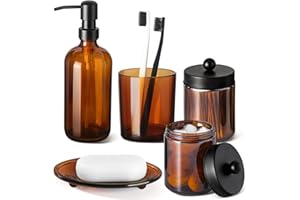 GM GMISUN GMISUN Bathroom Accessories Set, 5 Pack Amber Glass Bath Accessory Sets Complete, Brown Soap Dispenser and Toothbrush Holder Bathroom Counter Sink Set with Labels, Rustic Modern Vintage Bathroom Decor