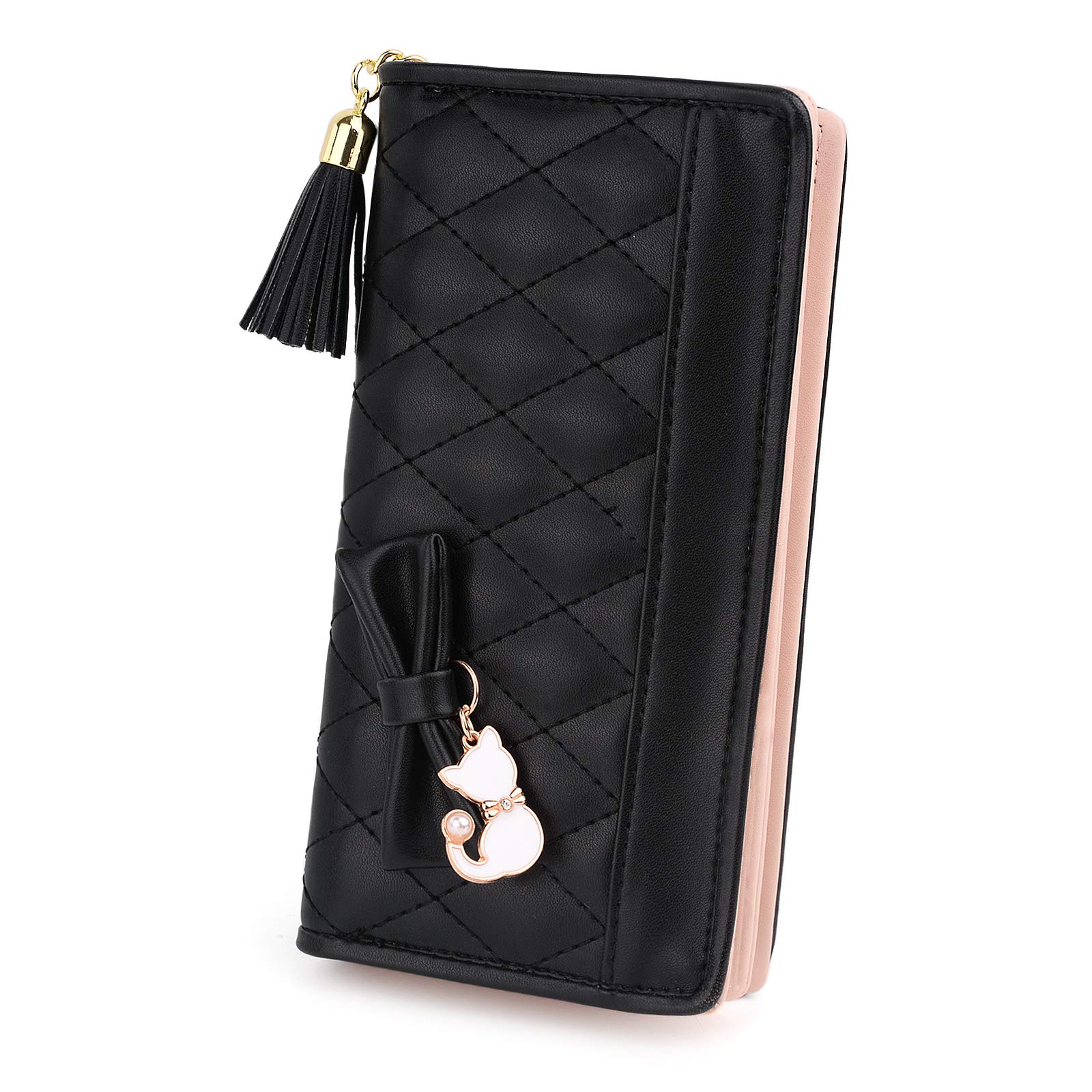UTO Ladies Purse Card Wallet for Women Cat Pendant Bow Tassel PU Leather Black