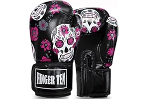 FINGER TEN Boxing Gloves Women Punching Sparring Kickboxing MMA Training Heavy Bag Glove Black Leather 8 10 12 14 16 oz for Womens