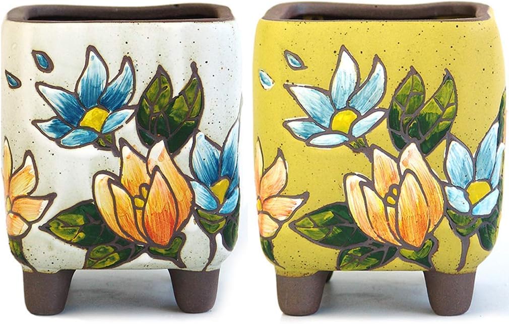 Summer Impressions 4.88 Inch Tall Hand Painted Square Succulent Planter Cactus Planter Pot Bonsai Pot Clay Pot Flower Pot Floral Design Pack of 2 (White and Yellow)