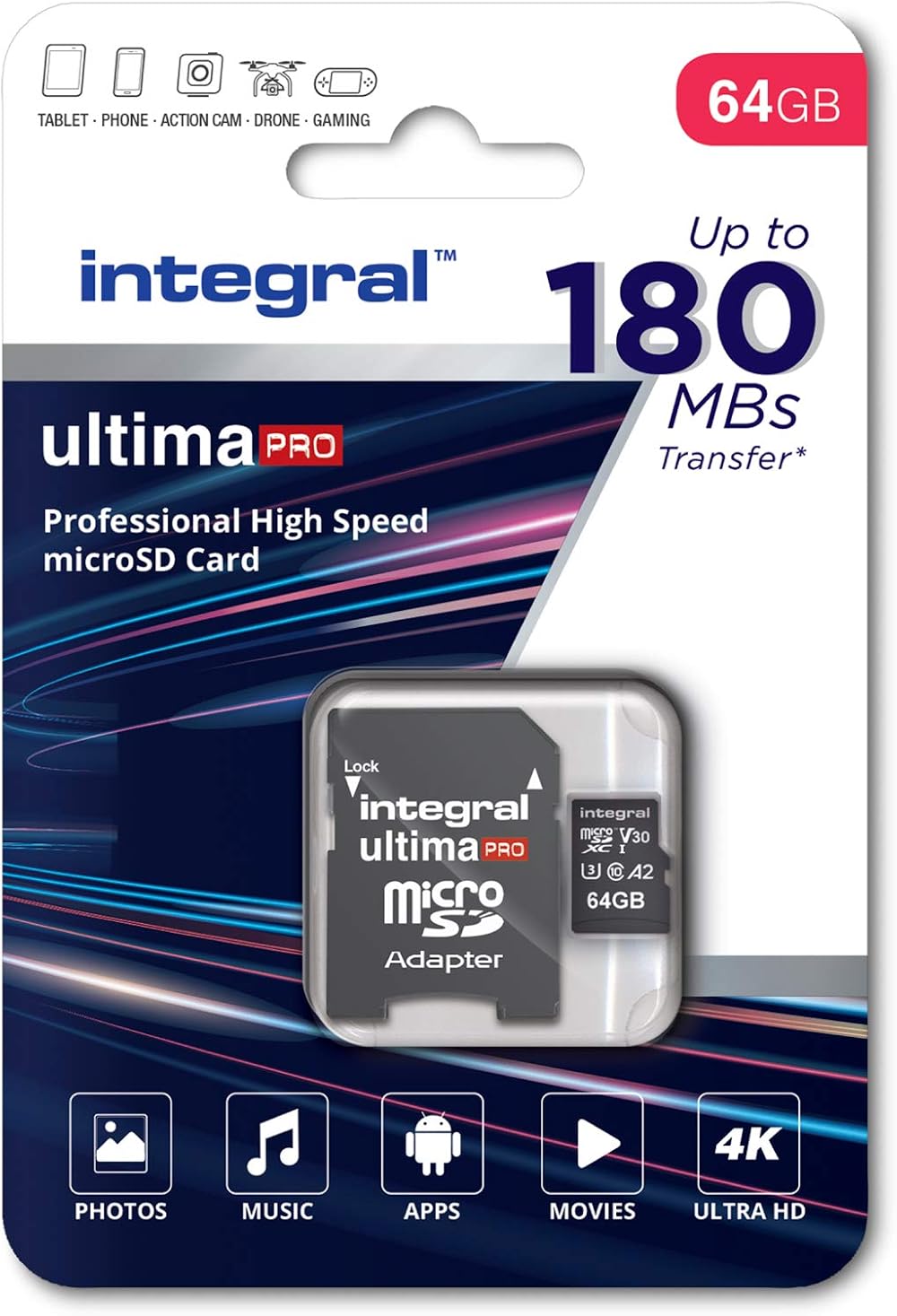 Integral 64GB Micro SD Card 4K Video 180MB/s Read 80MB/s Write A2 C10 U3 UHS-I