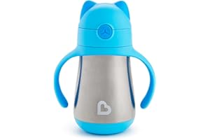 Munchkin Cool Cat Sippy Cup with Straw for Toddlers, Stainless Steel Straw Cup, 8 Ounce, Blue