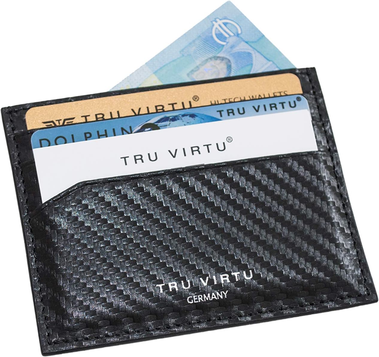 Tru Virtu® Ultra Slim Wallet Carbon Card Holder - RFID/NFC Protection - Black Leather - Unisex Adults - Wallet