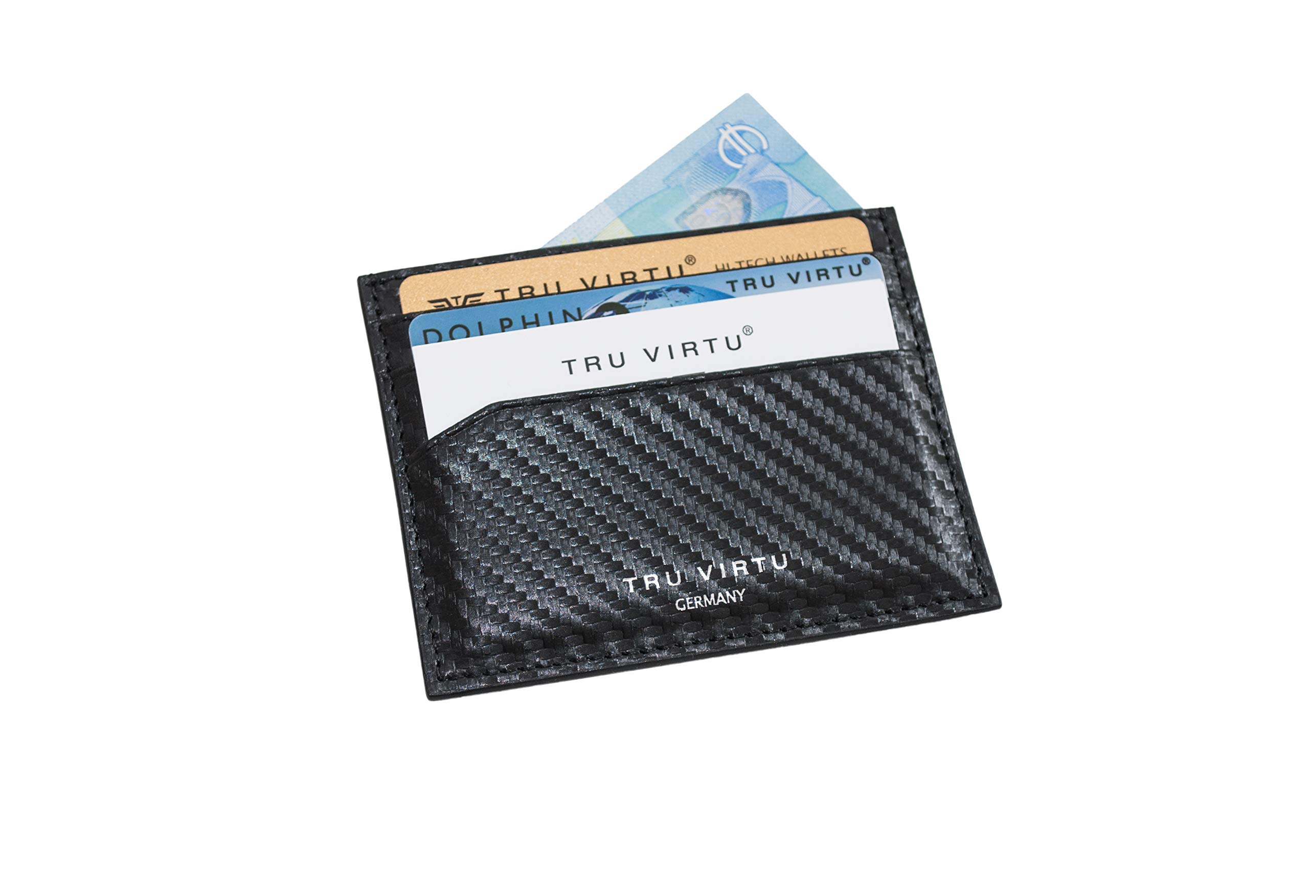 Tru Virtu® Ultra Slim Wallet Carbon Card Holder - RFID/NFC Protection - Black Leather - Unisex Adults - Wallet
