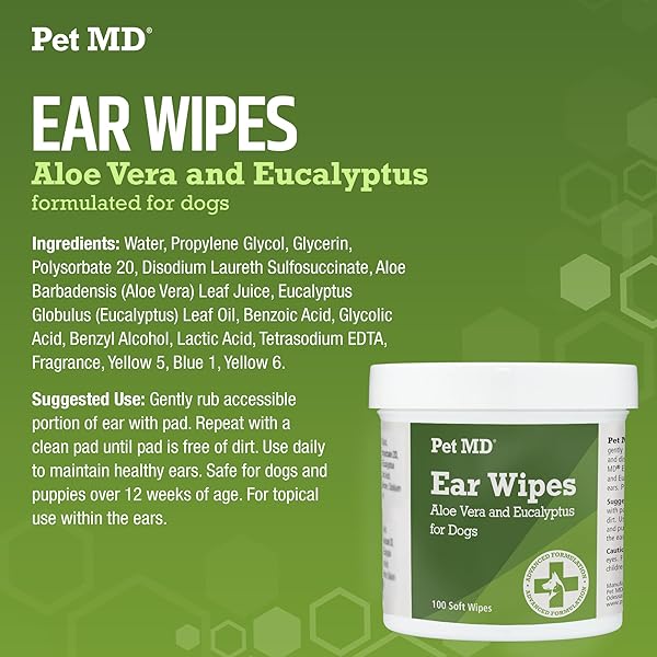 PET MD – DOG EAR CLEANER WIPES – OTIC CLEANSER FOR DOGS TO STOP EAR ITCHING, AND INFECTIONS WITH ALOE AND EUCALYPTUS – 100 COUNT