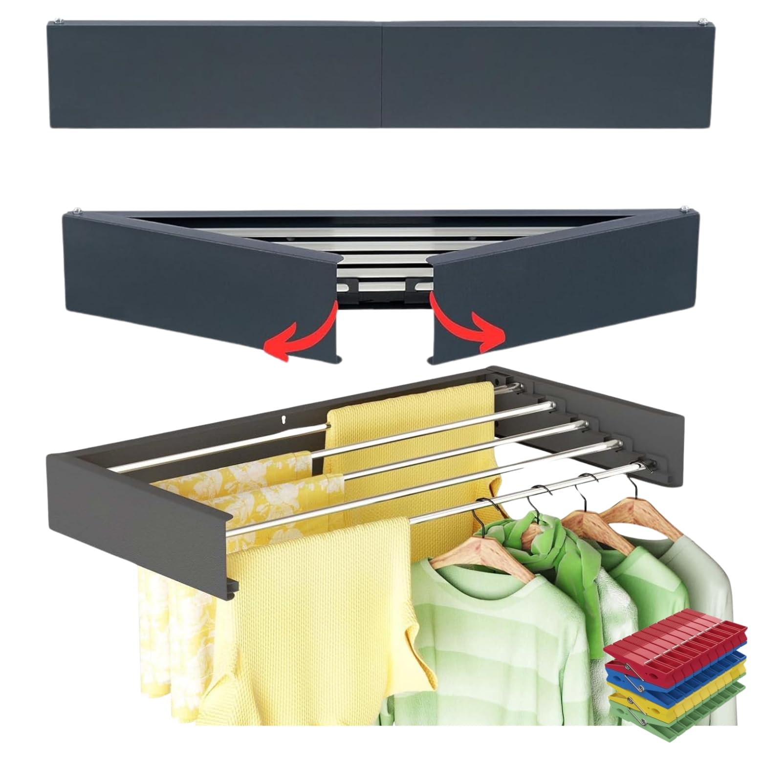 JANDTEK Wall mounted clothes airer. wall mounted drying rack - collapsible drying rack for indoors or outdoors, 80 or 100 cm, capacity 25 to 30 kg + 6 clips. (negro 80)