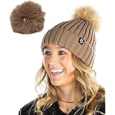 Funky Junque Women’s Winter Detachable Pom Beanie – Warm Knit Hat with Removable Faux Fur Pom, Soft Stretch Acrylic Cozy Cap