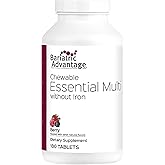 Bariatric Advantage Chewable Essential Multivitamin Without Iron - 200 DV of Key Nutrients - Trace Mineral Support - Multivitamins for Bariatric Patients - Berry - 180 Count
