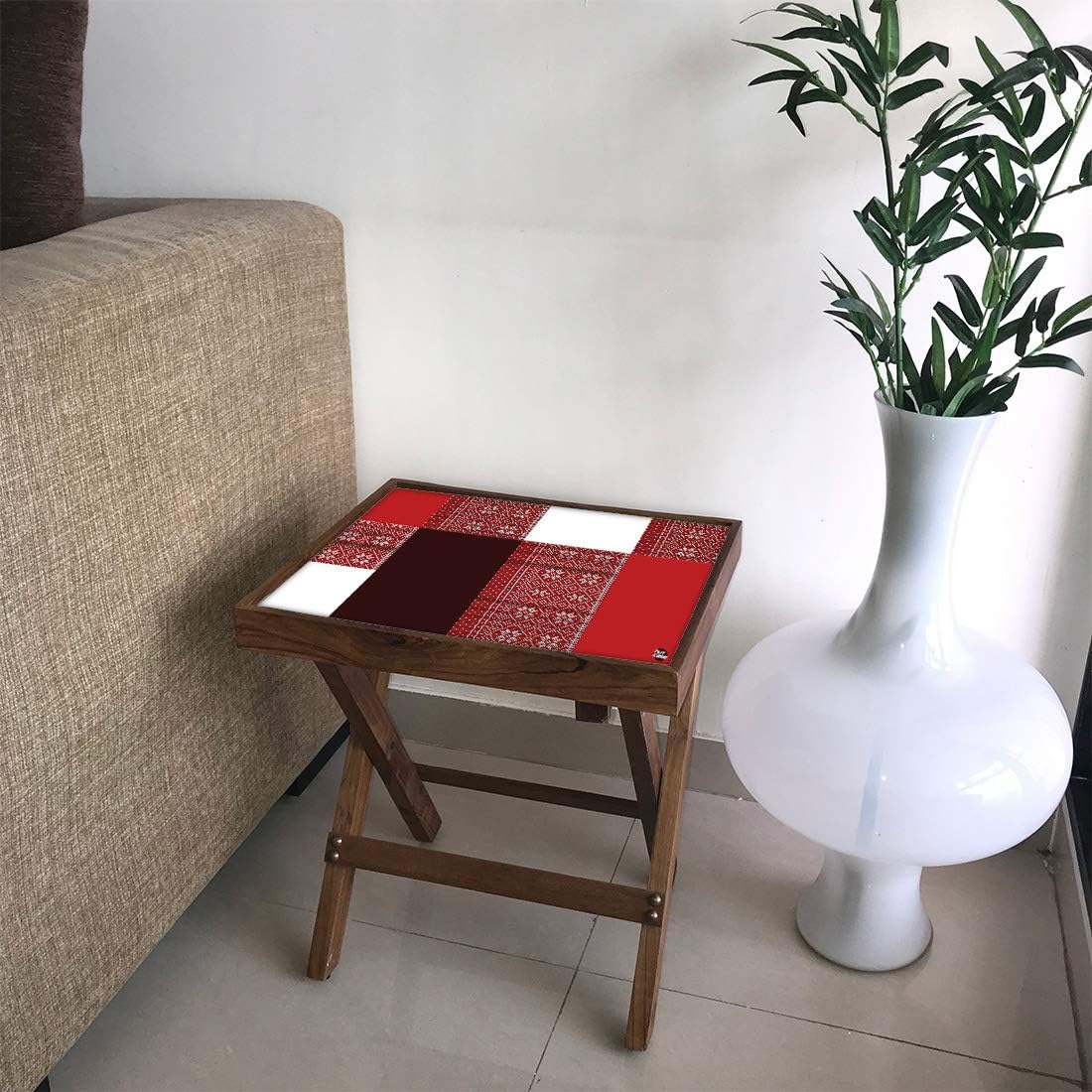 Nutcase Designer A Grade Teak Wood Compact Side Table 15" x 12" Folding Wooden Bedside Sidetable - Indian Fabric