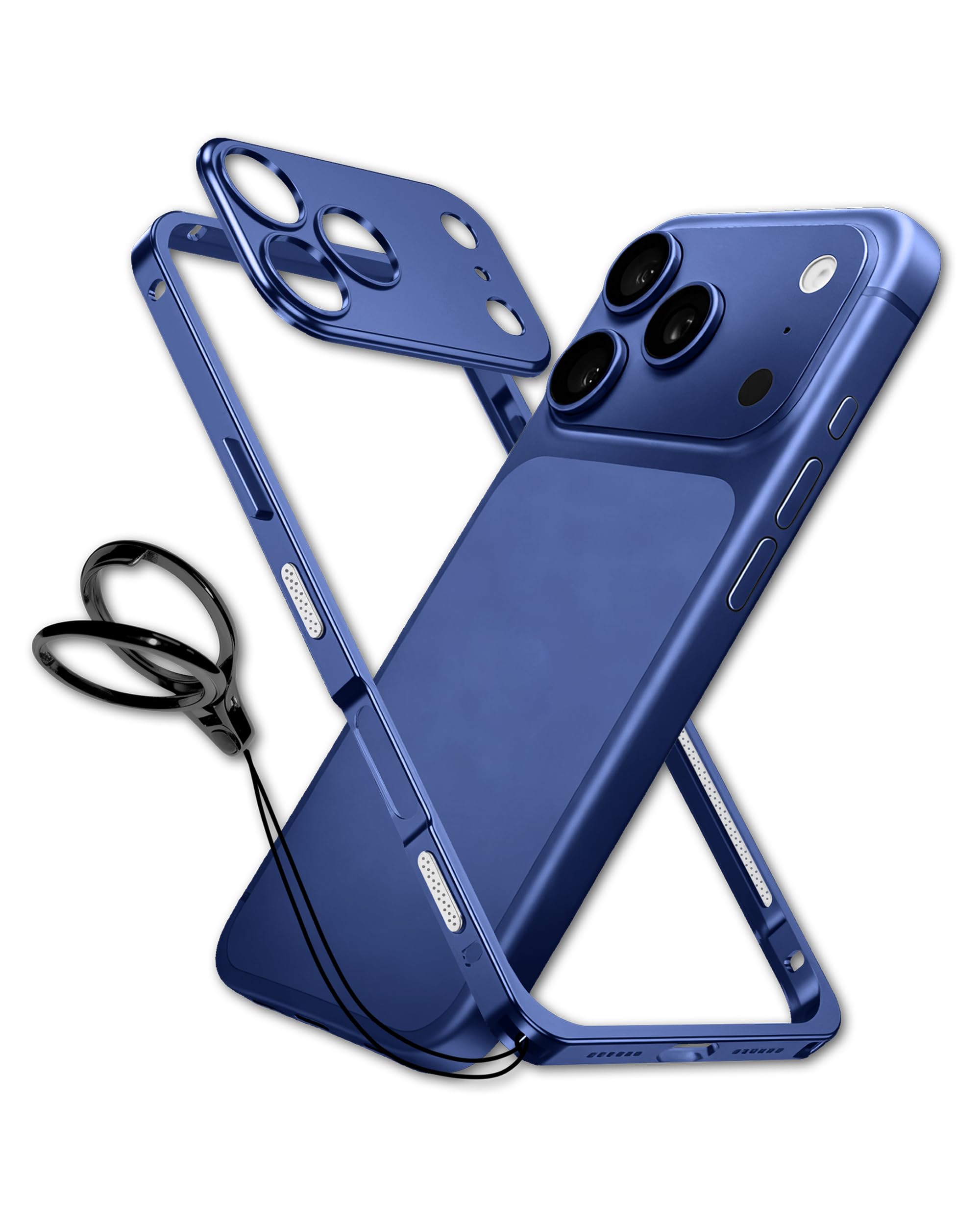chubbycable ChubbyArmor LiteGo - Ultra-Thin Metal Heat Dissipation Evolved Case with Lens Protector & GripRing Phone Stand for iPhone 17 Pro Max, Dark Blue