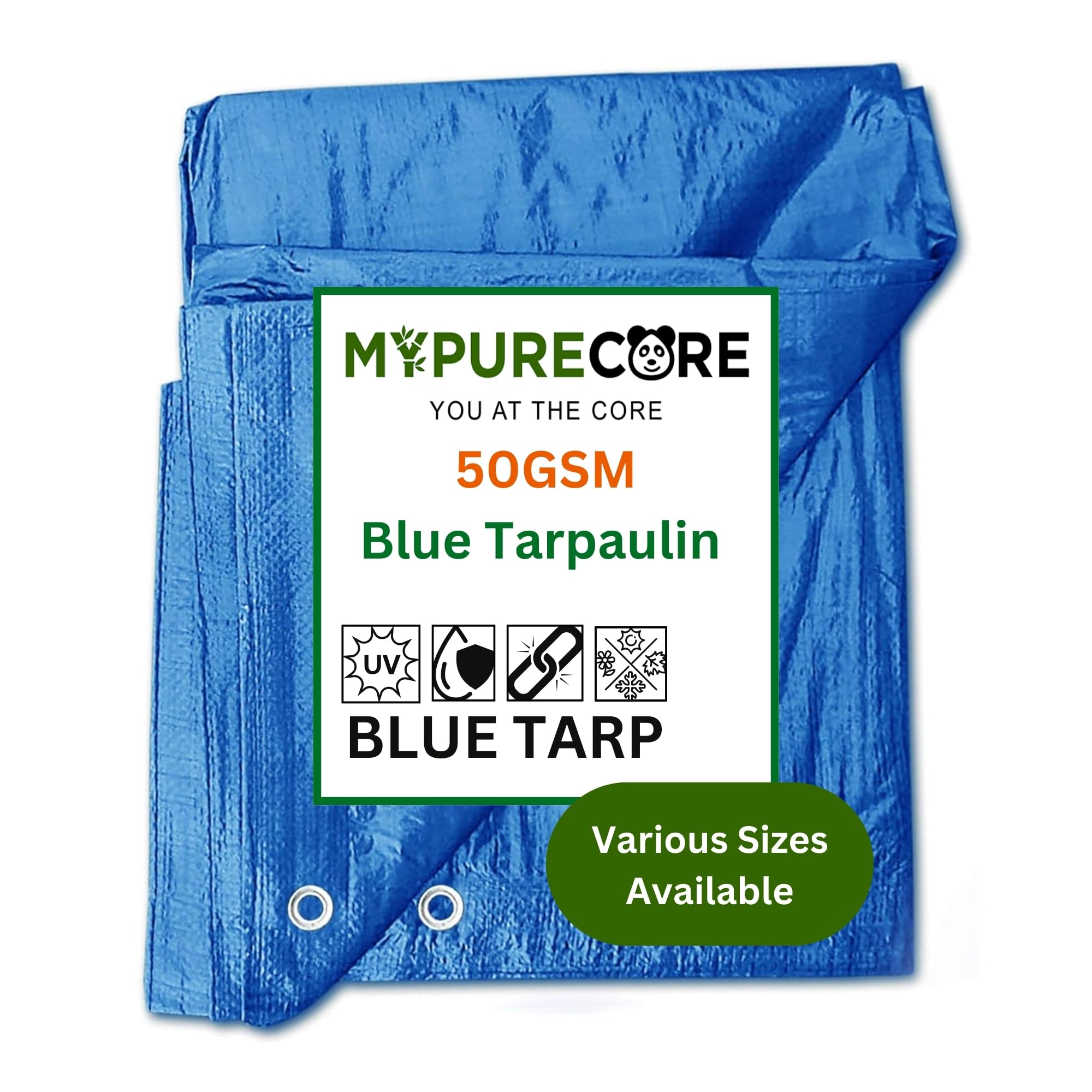 MYPURECORE Large Blue Tarpaulin in Various Sizes - Durable, Water & UV Resistant Tarp Plastic Sheet for Outdoor, Camping, Tent Groundsheet & Garden - Ground Sheet for Versatile Use (4m x 4m)
