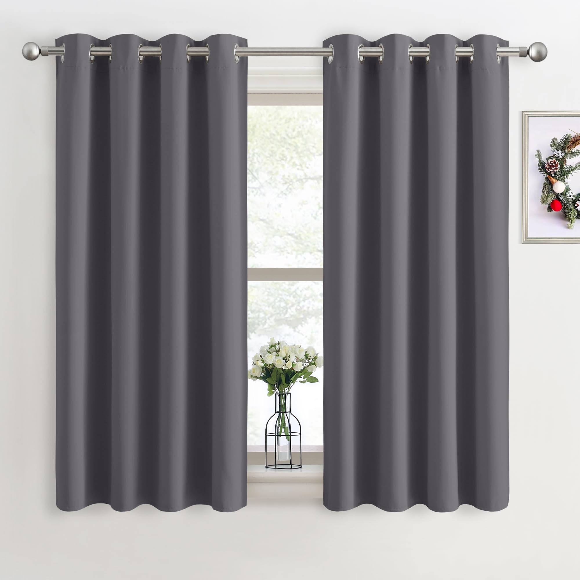 PONY DANCE Blackout Thermal Insulated Curtains - Grey Short Energy Saving Eyelet Curtains & Drapes for Bedroom/Living Room/Kitchen, 2 Panels, W46 X L45, Gray