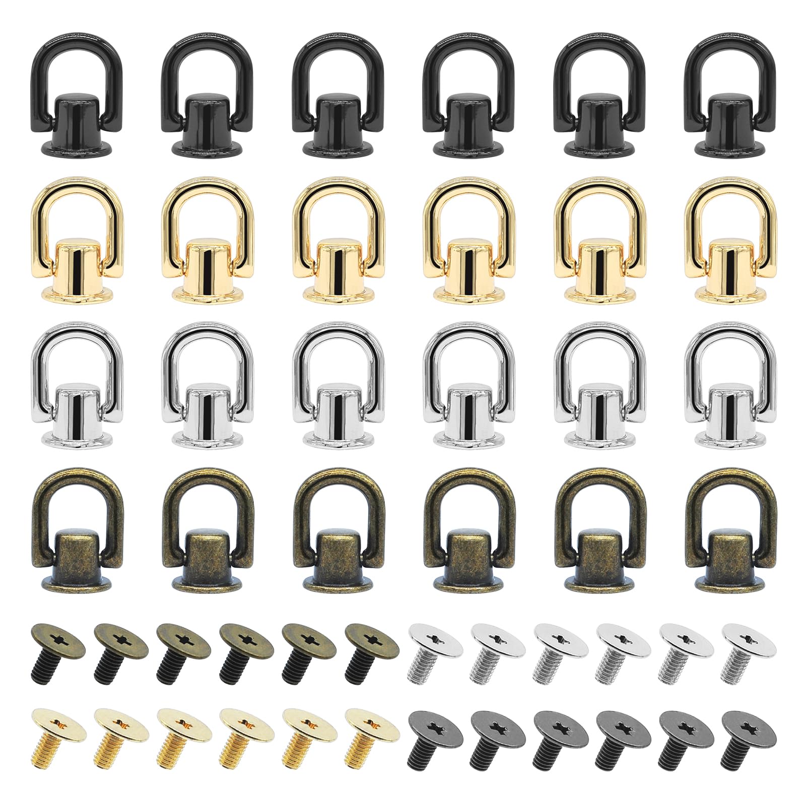 JJWNMLL 24 Pcs D Ring Stud Screw,180° Rotatable Brass Rivet Button with Storage Box,D-Type Round Head Rivet screwback Rivet Studs for DIY Handbag Leather Craft Backpack Belt Purse Wallet (4 Colors)