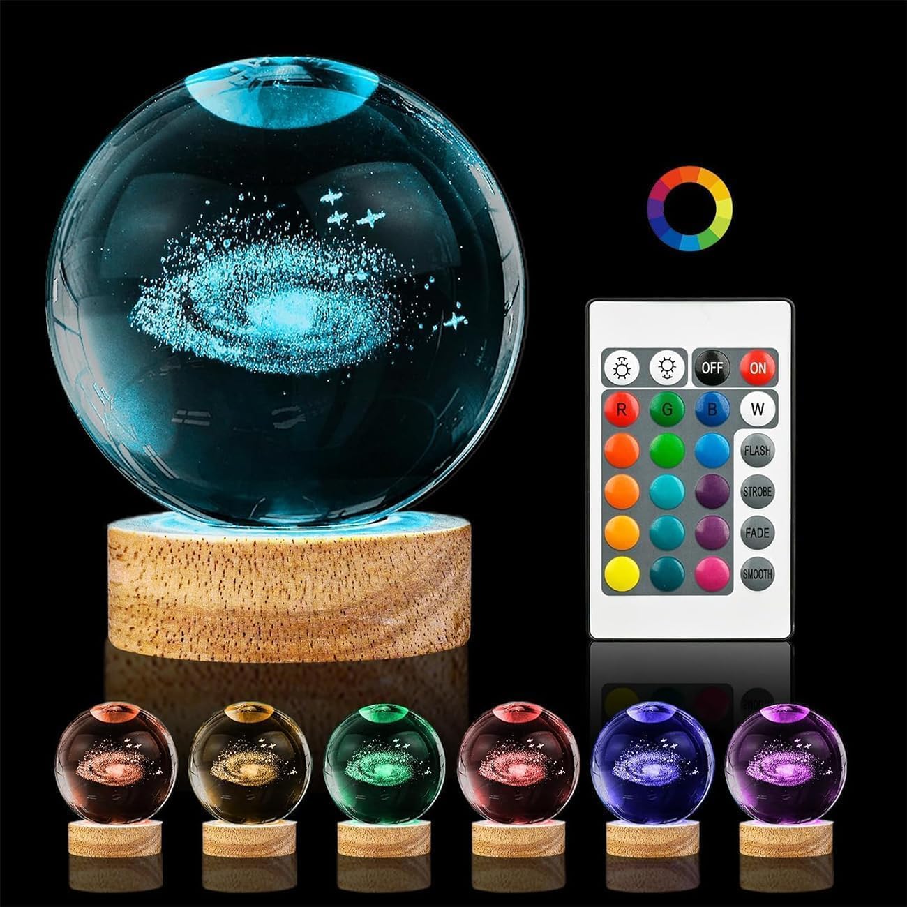 3D Galaxy Crystal Ball Night Light 3.15in Galaxy System Crystal Ball 16 Colors Night Light with Wooden Base Snow Globe Glass Laser Engraved Gift for Women Kids Friends Family [Energy Class A] — image 1