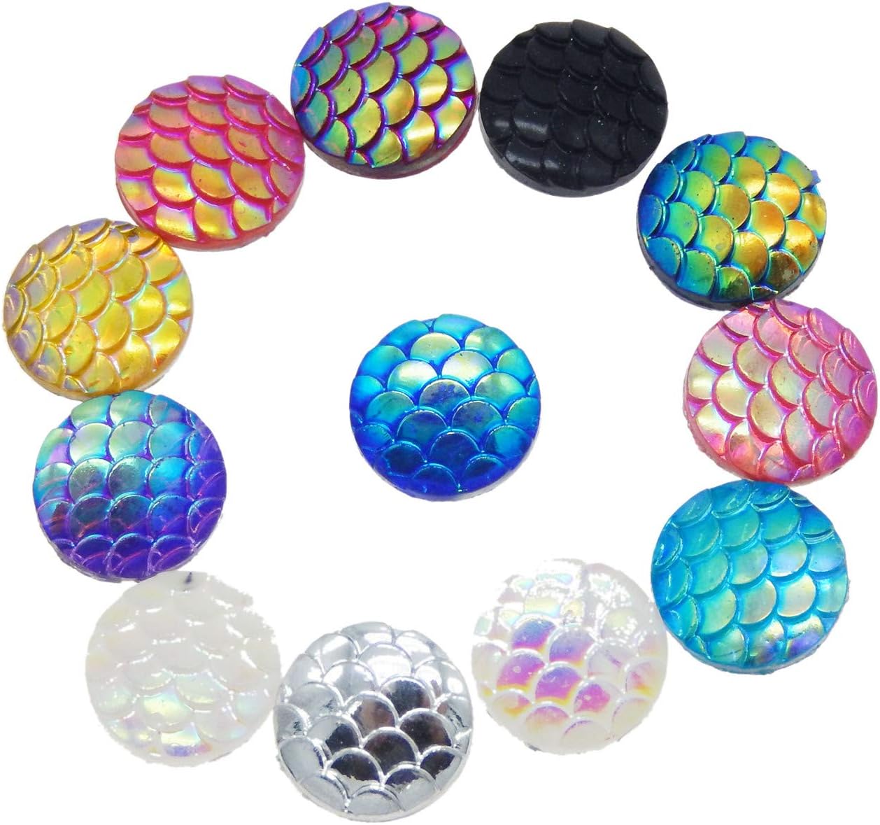 100 PCS Dragon / Mermaid Scale Resin Flat Back Round Dome Cabochons DIY Accessories, 8mm Diameter, Random Color