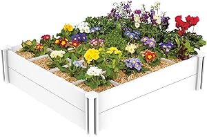 Mingyall 4 x 4 FT Raised Garden Bed with Grow Grid, Raised Garden Beds Planter for Planting Plants, Flowers and Herbs Outdoor, DIY UnitWhite Vinyl Raised Garden