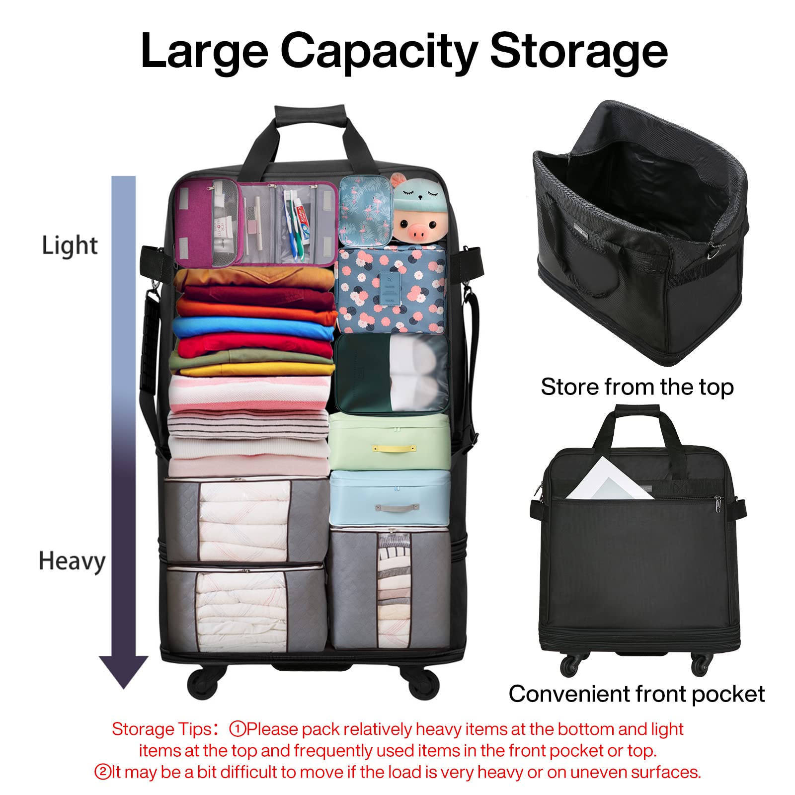 Hanke Suitcases with Wheels Expandable Foldable Luggage Bag Suitcase Collapsible Rolling Travel Bag Duffel Bag for Men Women Lightweight Suitcases without Telescoping Handle, Black