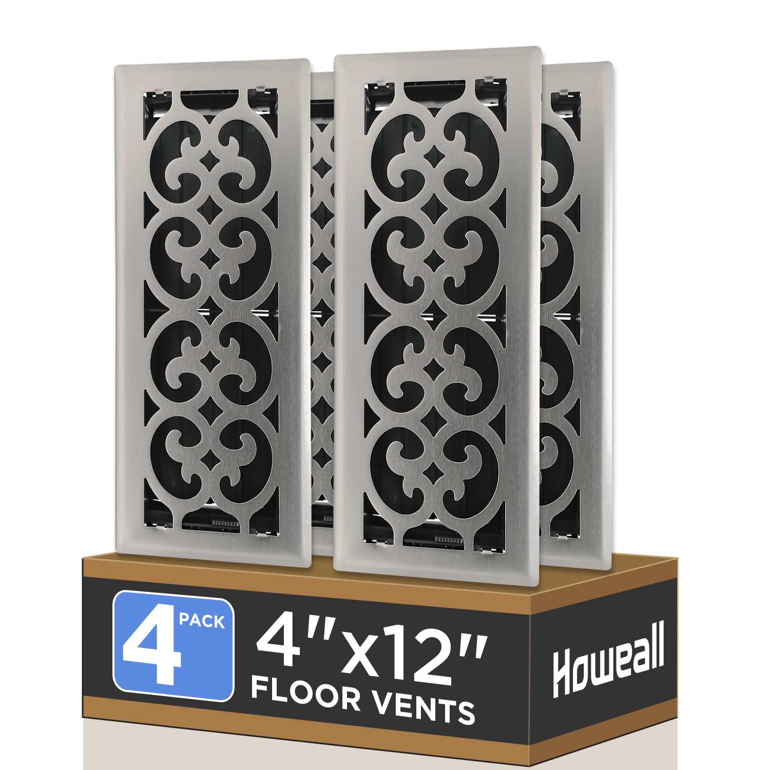 Photo 1 of Howeall 4x12 Inches 4 Pack Heavy Duty Walkable Floor Register - Easy Adjust Air Supply Lever Decorative Floor Vent Covers, Charlotte Design Vent Covers for Home - Satin Nickel