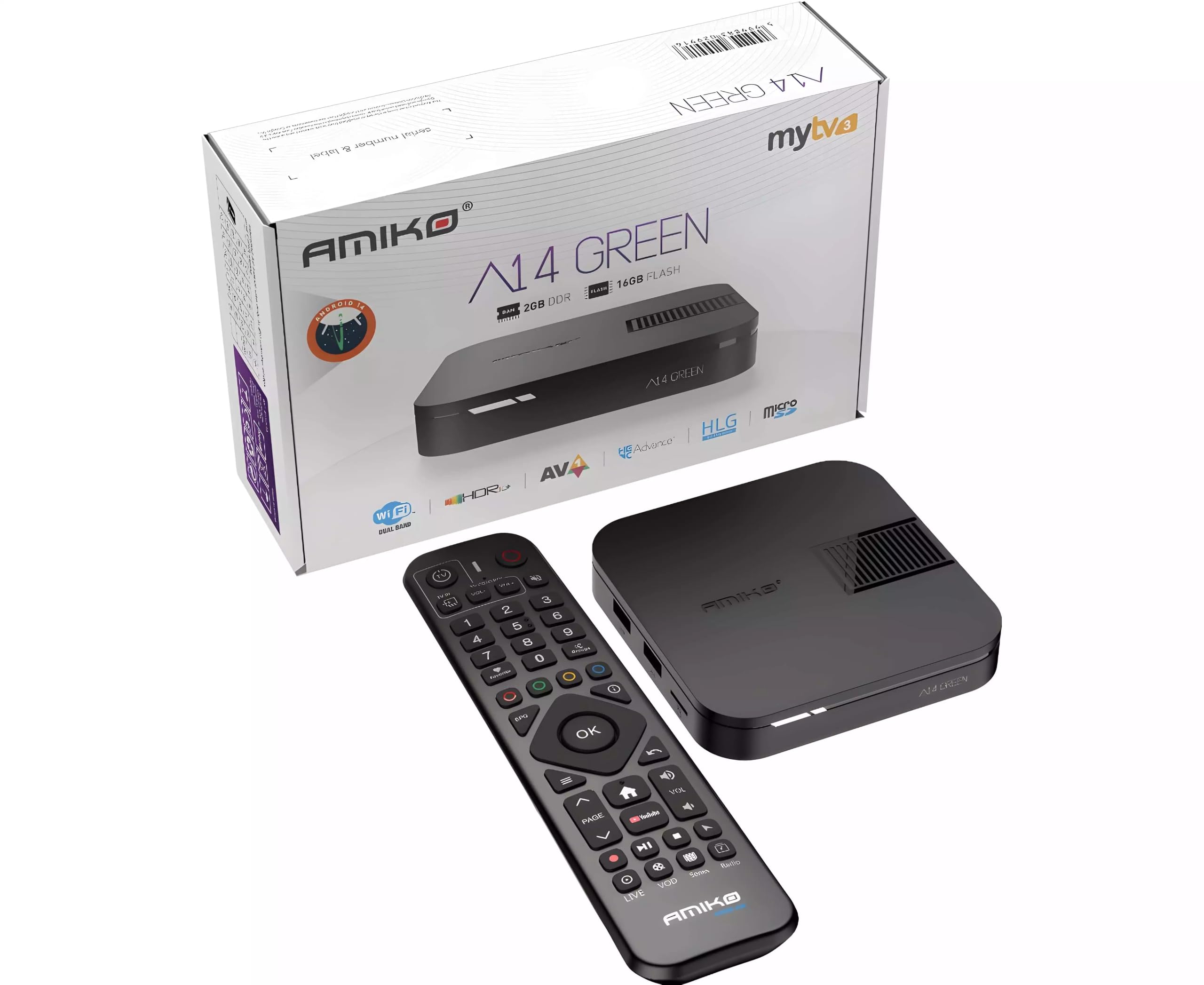 Amiko A14 Green 4K UHD ANDROID 14 Mytv3 Quad Core Dual Band WiFi HDR10 UK PLUG TV BOX AMIKO 2GB RAM,16GB MMC