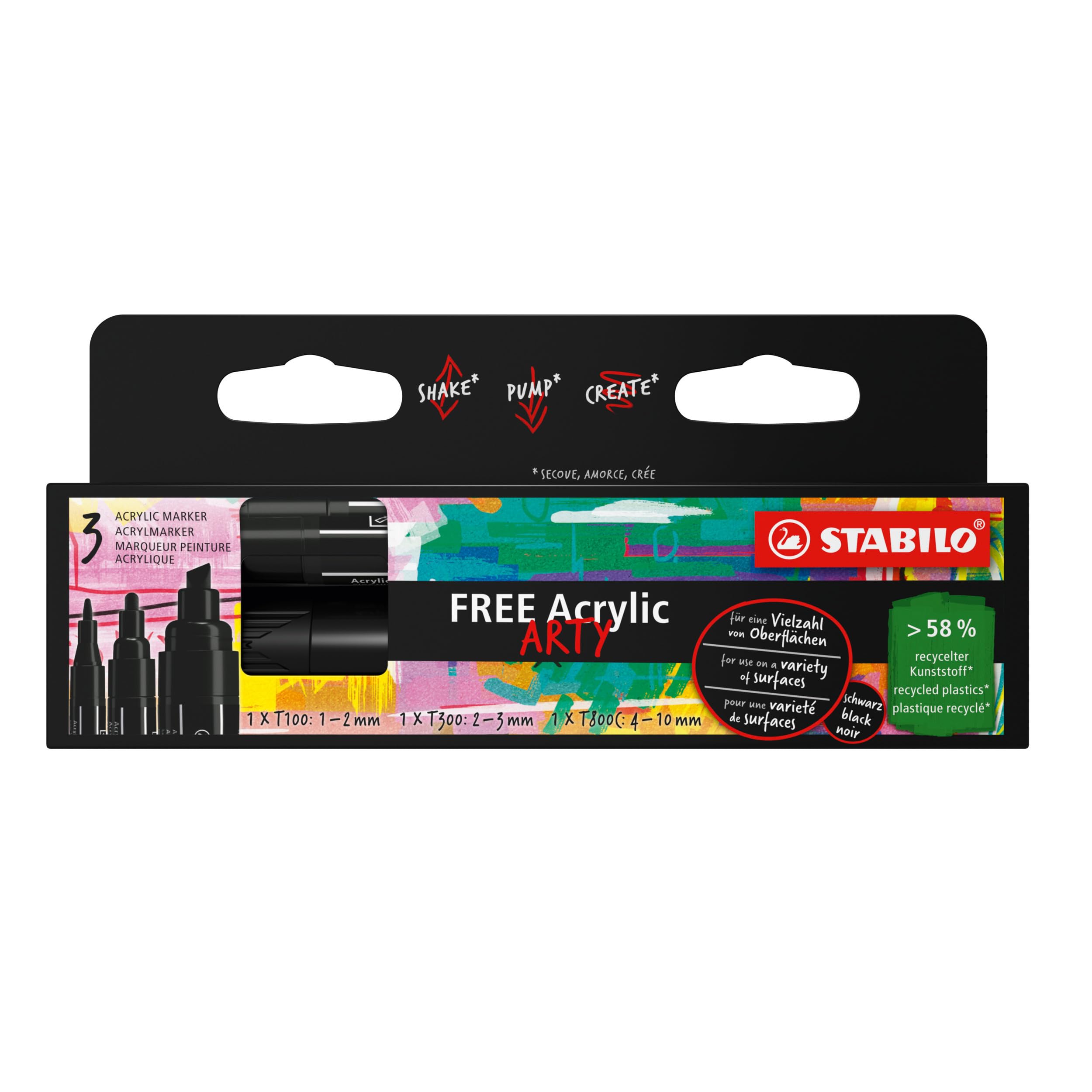 STABILO FREE - Acrylic Marker - ARTY - Mix-Tip Set - Pack of 3 - Black