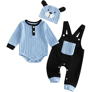 Fuethsuy Newborn Baby Boy Clothes Fall Winter Outfit Long Sleeve Textured Romper Pocket Suspender Pants Dog Hat 3 Piece Set