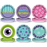 MinFyberd 48Pcs Monster Birthday Paper Plates Monster Theme Party Supplies Disposable Colorful Cartoon Tableware for Kids Girl Boy Little Birthday Party Table Decorations Serves 48