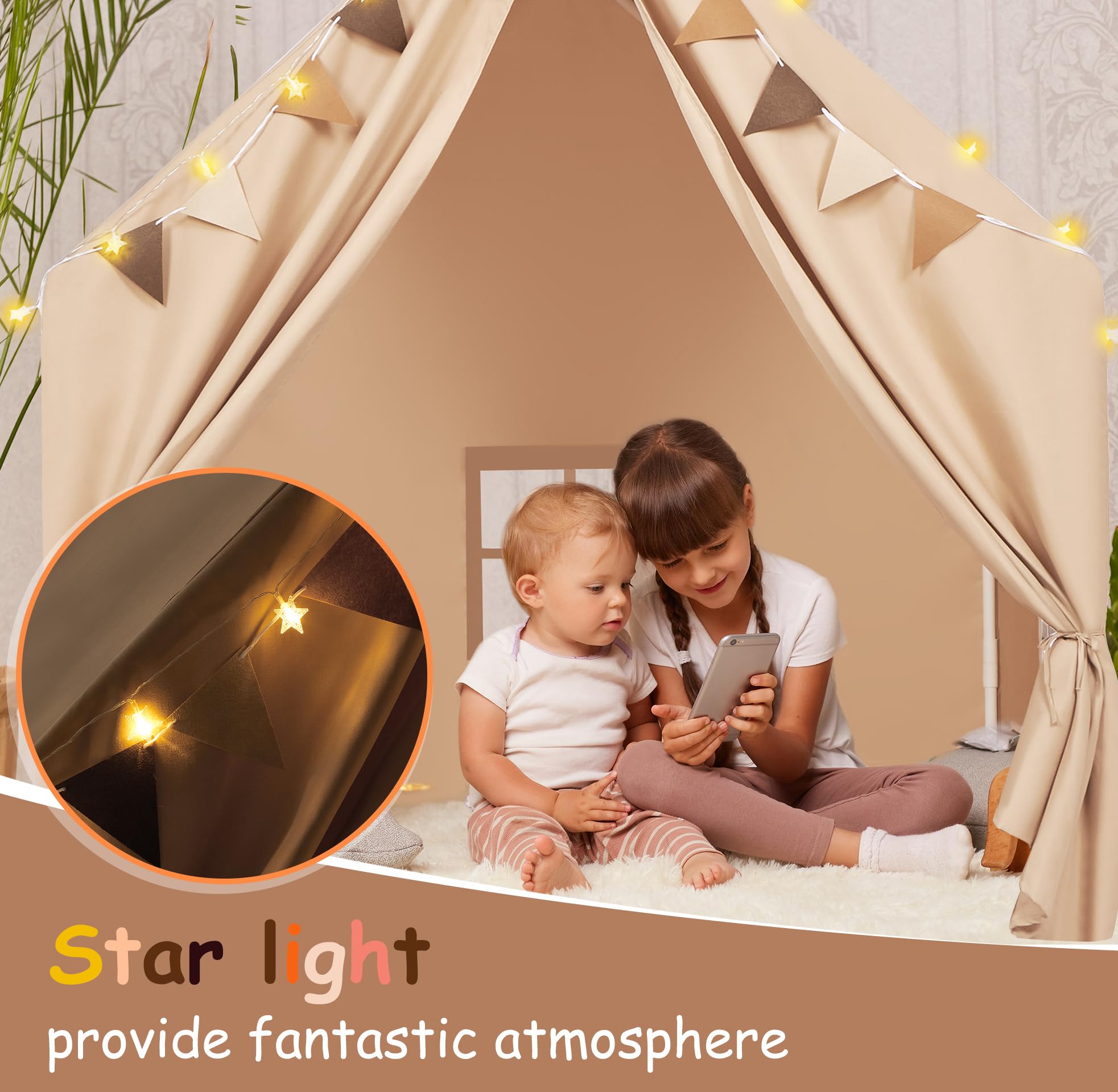 Kids Play Tent with Padded Mat & Star LED Lights for Ages 4-8-10 Year Old Girls Boys, Large Cute Indoor Play Room House Tent for Toddler Children