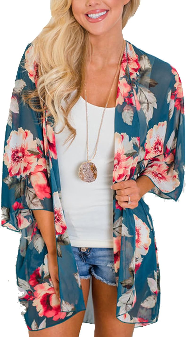 Women's Chiffon Blouse Loose Tops Beach Kimono Floral Print Cardigan