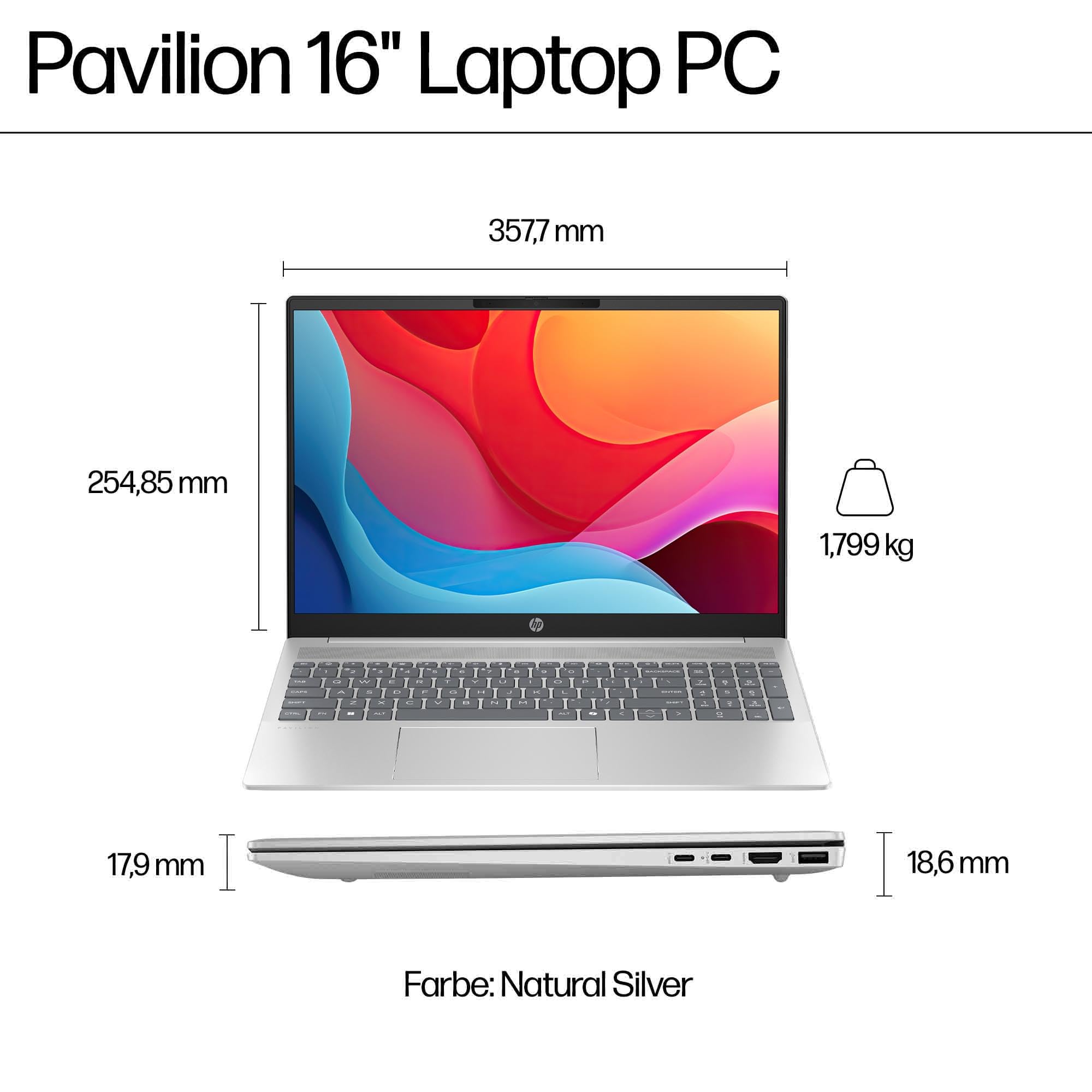 HP Pavilion Laptop | AMD Ryzen 7 8840U | 16-Inch WUXGA Display | 16 GB DDR5 RAM | 512 GB PCIe NVMe SSD | AMD Radeon Grafik | QWERTZ Keyboard | Windows 11 Home | Silver 2