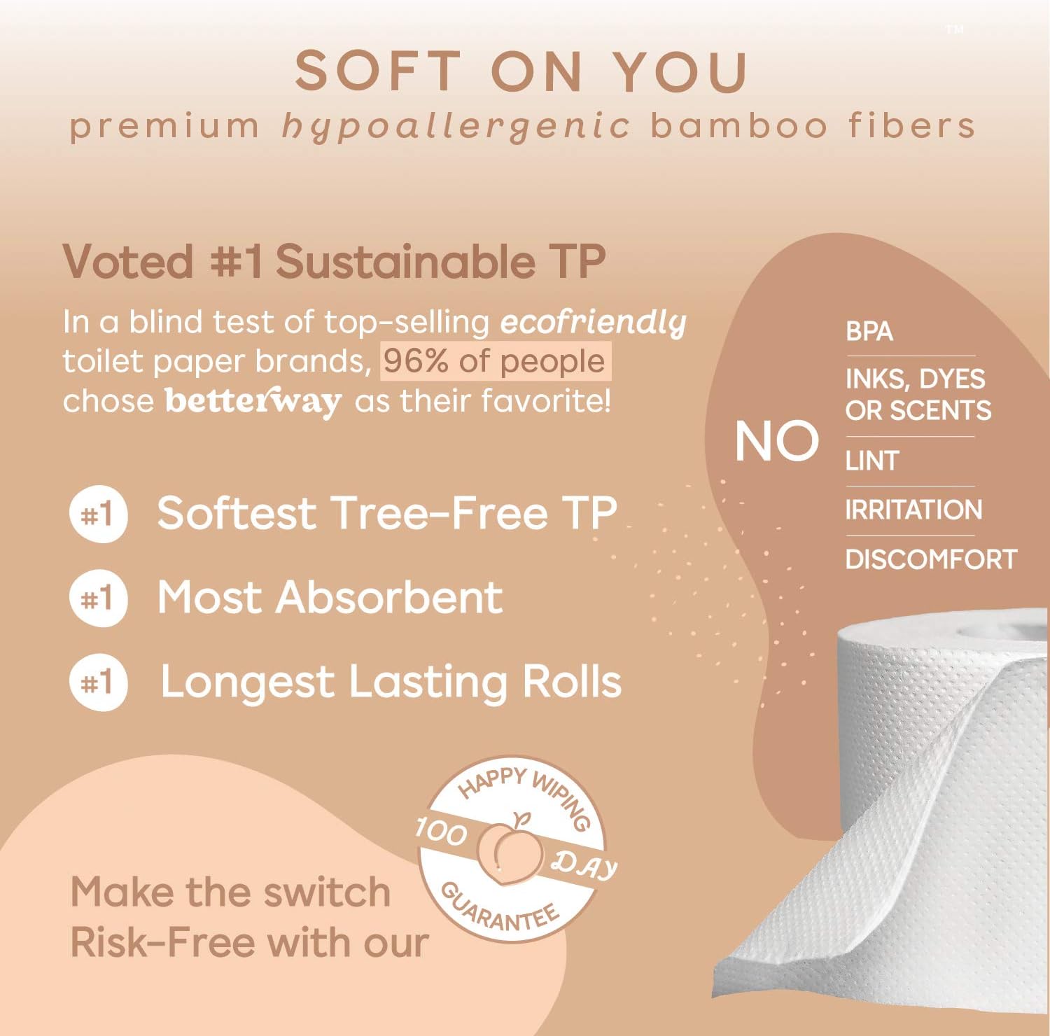 Betterway Bamboo Toilet Paper 3 PLY - Eco Friendly, Sustainable Toilet Tissue - 12 Double Rolls & 360 Sheets Per Roll - Septic Safe - Organic, Plastic Free, Compostable & Biodegradable - FSC Certified: Home & Kitchen