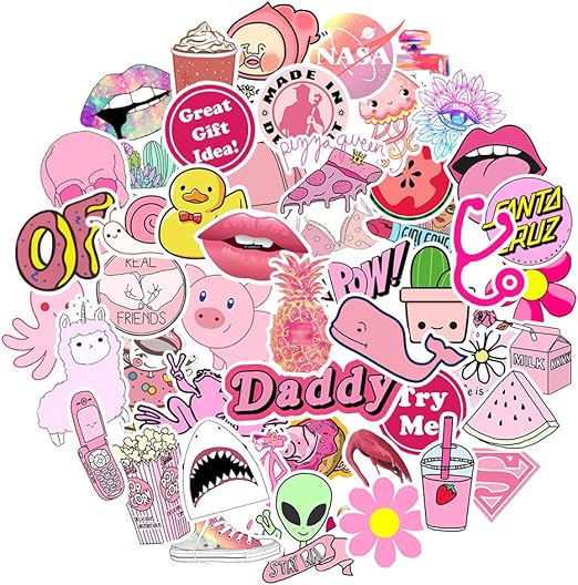 Big Stickers 50pcs for Water Bottles Pink Cute Theme Waterproof