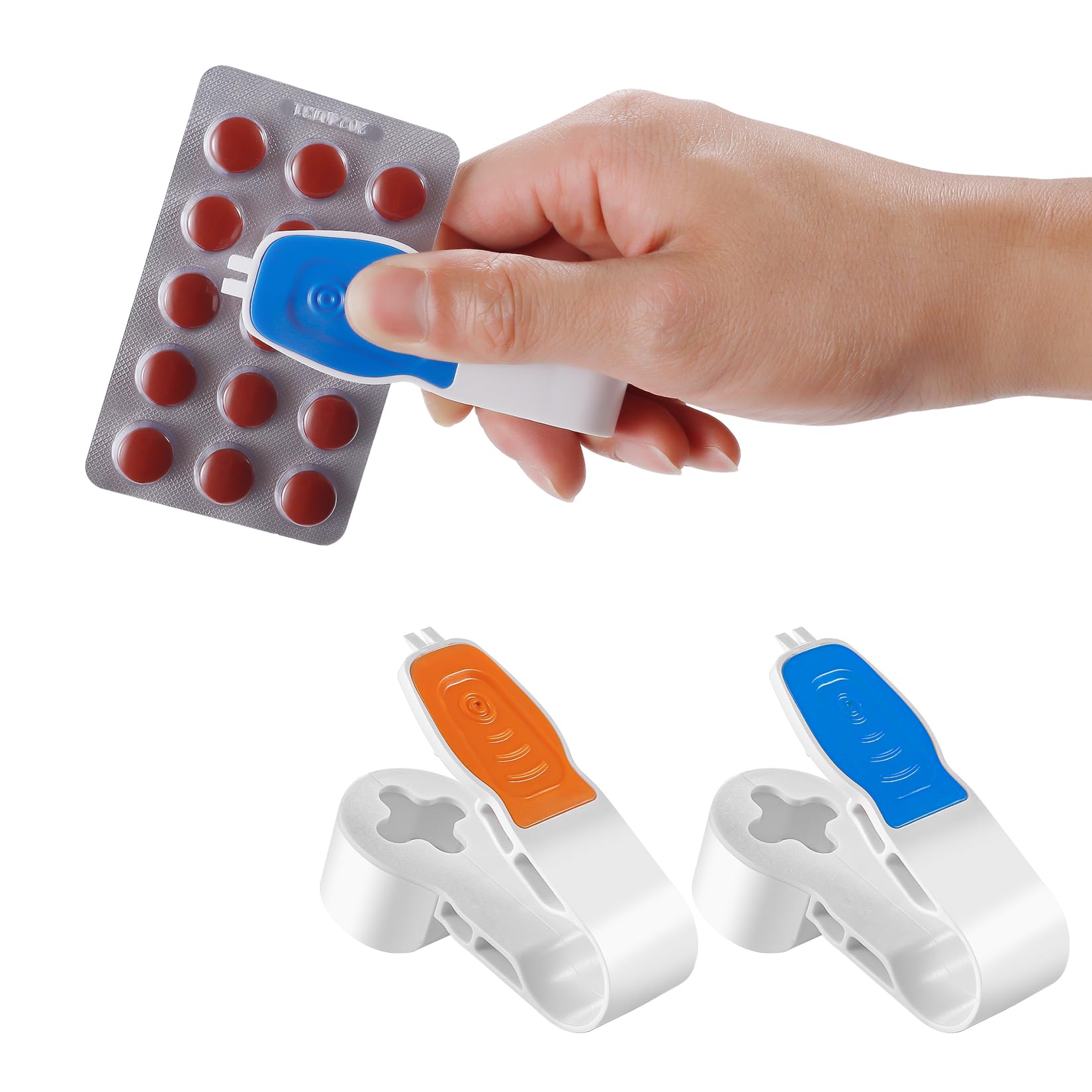 View 1 of ?Elderly-Friendly? 2-in-1 Pill Remover & Medicine Organizer | Easy Blister Pack Opener for Seniors, Arthritis Patients | Safe Dual-Tooth Design with Storage Box (Blue+Orange Set)