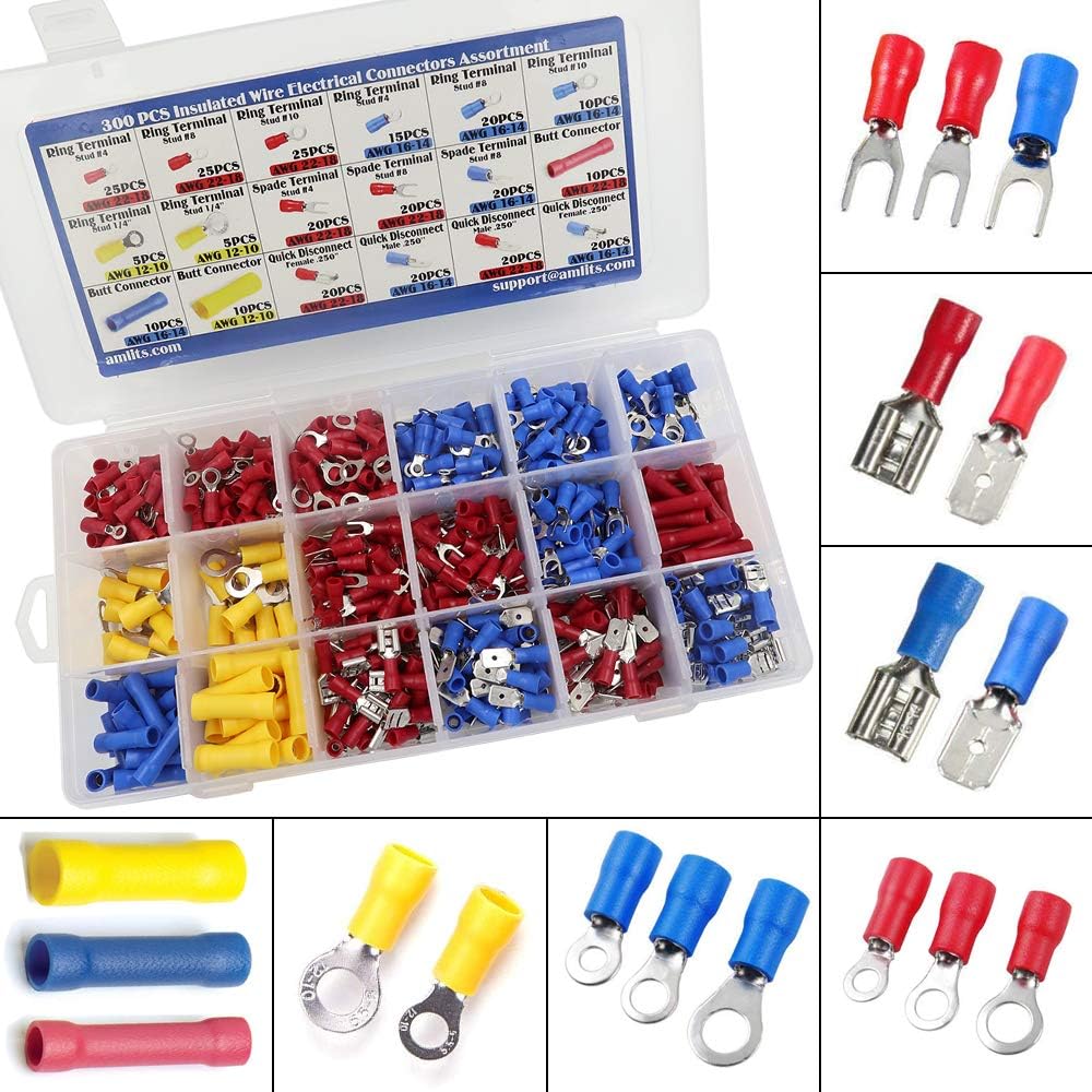 Amlits 300 PCS Insulated Wire Electrical Connectors - Butt, Ring, Spade, Quick Disconnect - Crimp Terminals Connectors Assortment Kit: Home Improvement