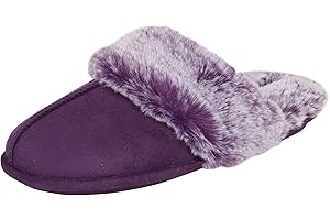 Jessica Simpson Women's Comfy Faux Fur House Slipper Scuff Memory Foam Slip on Anti-Skid Sole