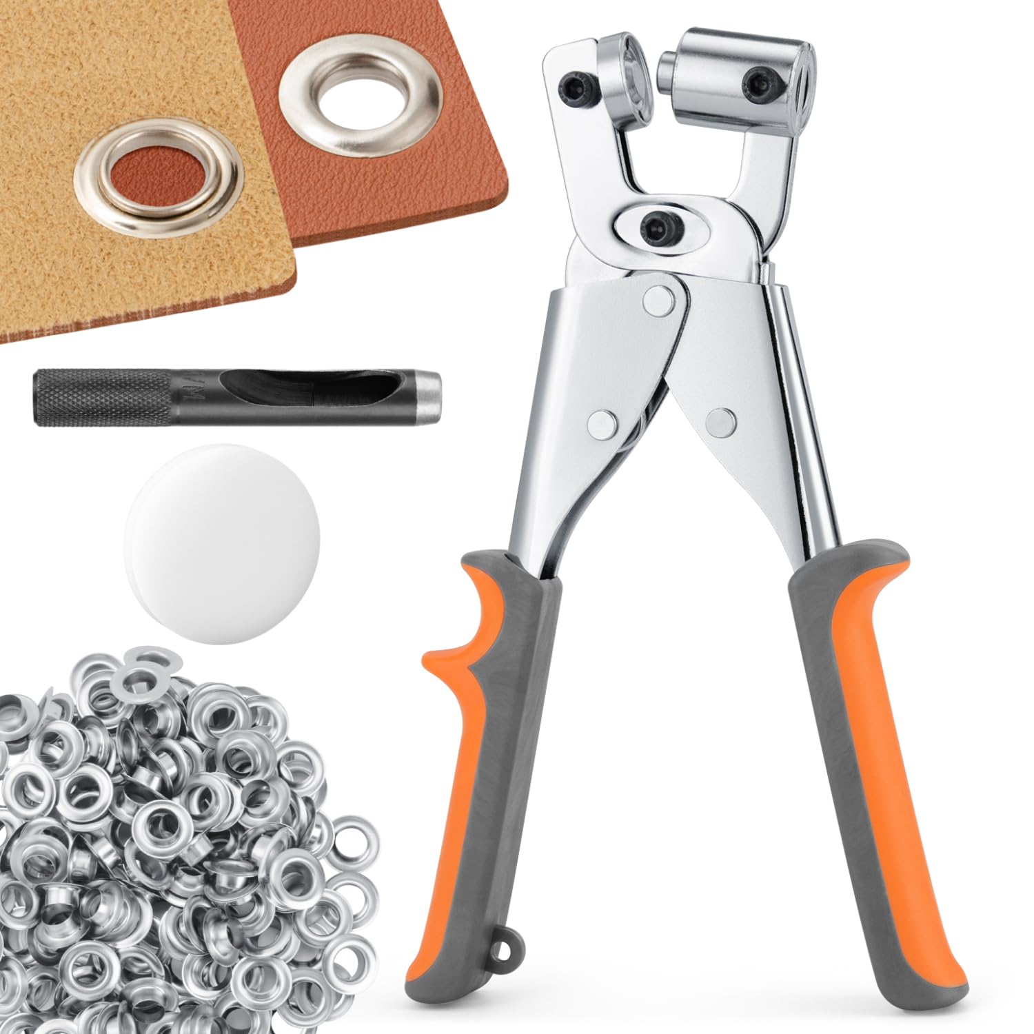 Ecraft Eyelet Plier Grommet Tool Kit: 3/8 Inch (10mm) Grommet with 500pcs Silver Grommets Press Handheld Puncher Plier Kits Eyelet Hole Punch Pliers Set Banner Maker Machine for Fabric Paper