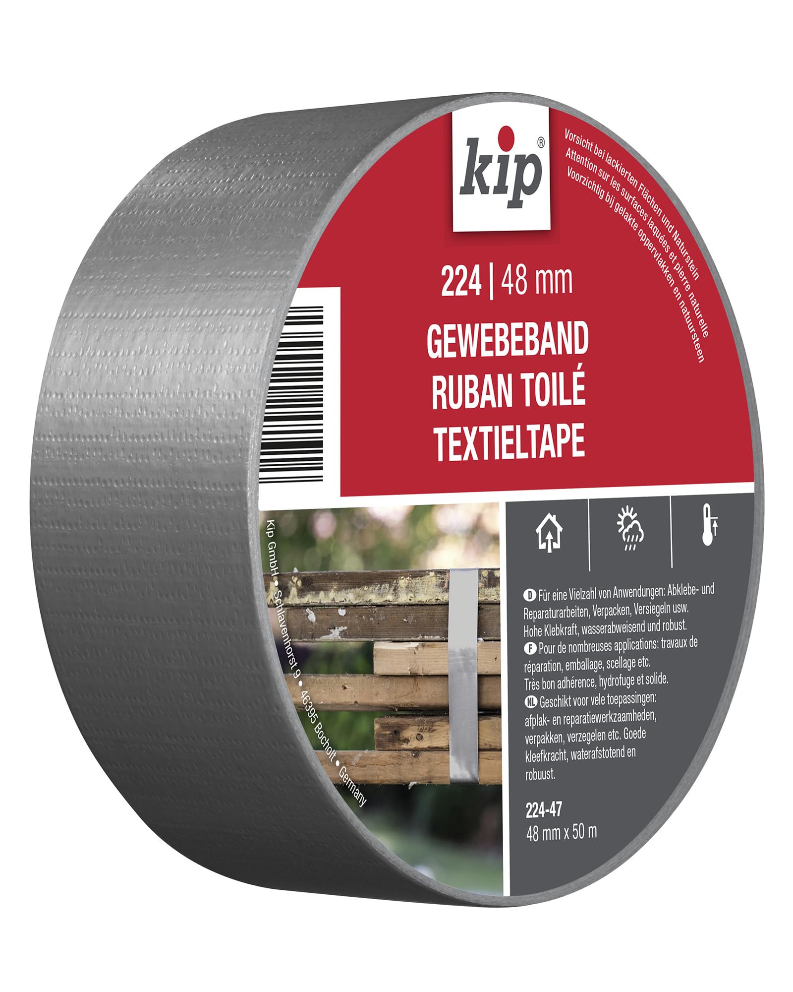 Kip Tape 224-47 Stone Tape - Water-Repellent Fabric Tape Made of PE for Plaster and Stone - Duct Tape for Indoor and Outdoor Use - 48 mm x 50 m