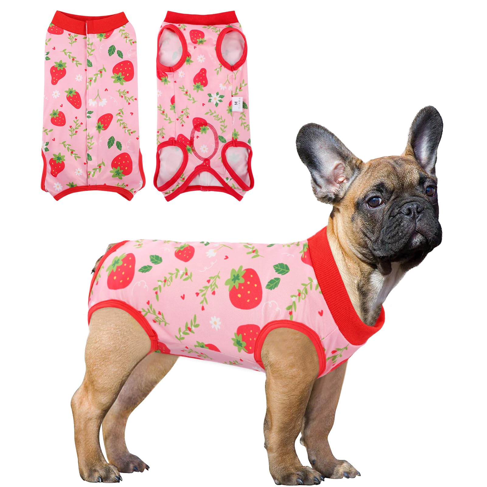 Photo 1 of SAWMONG Recovery Suit for Dogs After Surgery, Dog Recovery Suit Breathable Polyester, Pet Spay Surgical Suit Female Male, Dog Onesie Body Suit Substitute E-Collar Cone(Strawberry,XL)