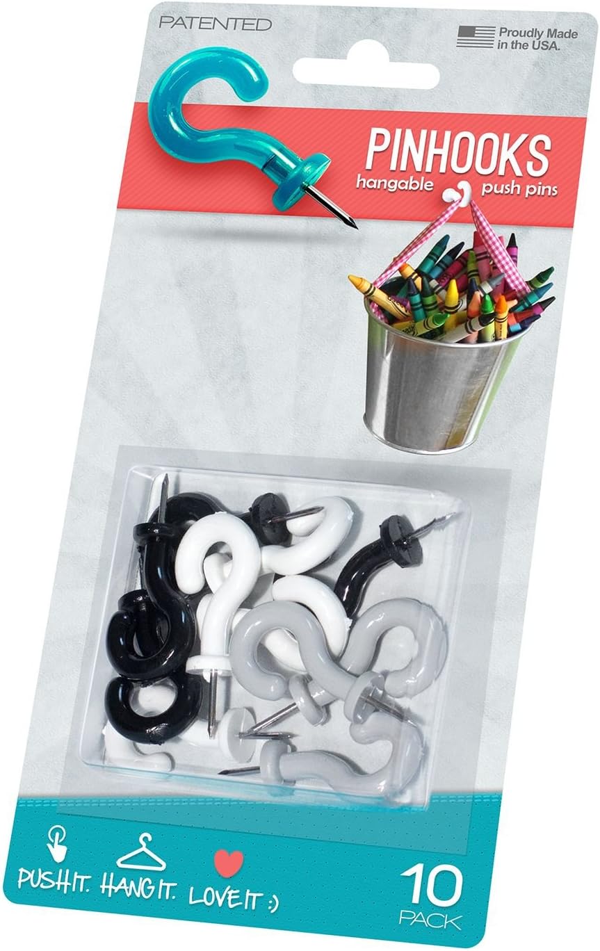 Pinhooks 10103 10Pack Push Pin Wall Hooks, White/Black/Grey Home & Kitchen