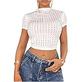 WDIRARA Women's Y2k Rhinestone Crop Tops Mock Neck Short Sleeve Slim Fit Tee Shirt