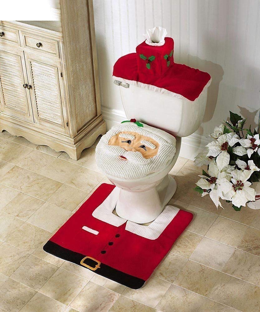 Ohuhu Christmas Santa Toilet Seat Cover, Toilet Paper Box Cover and Rug Set