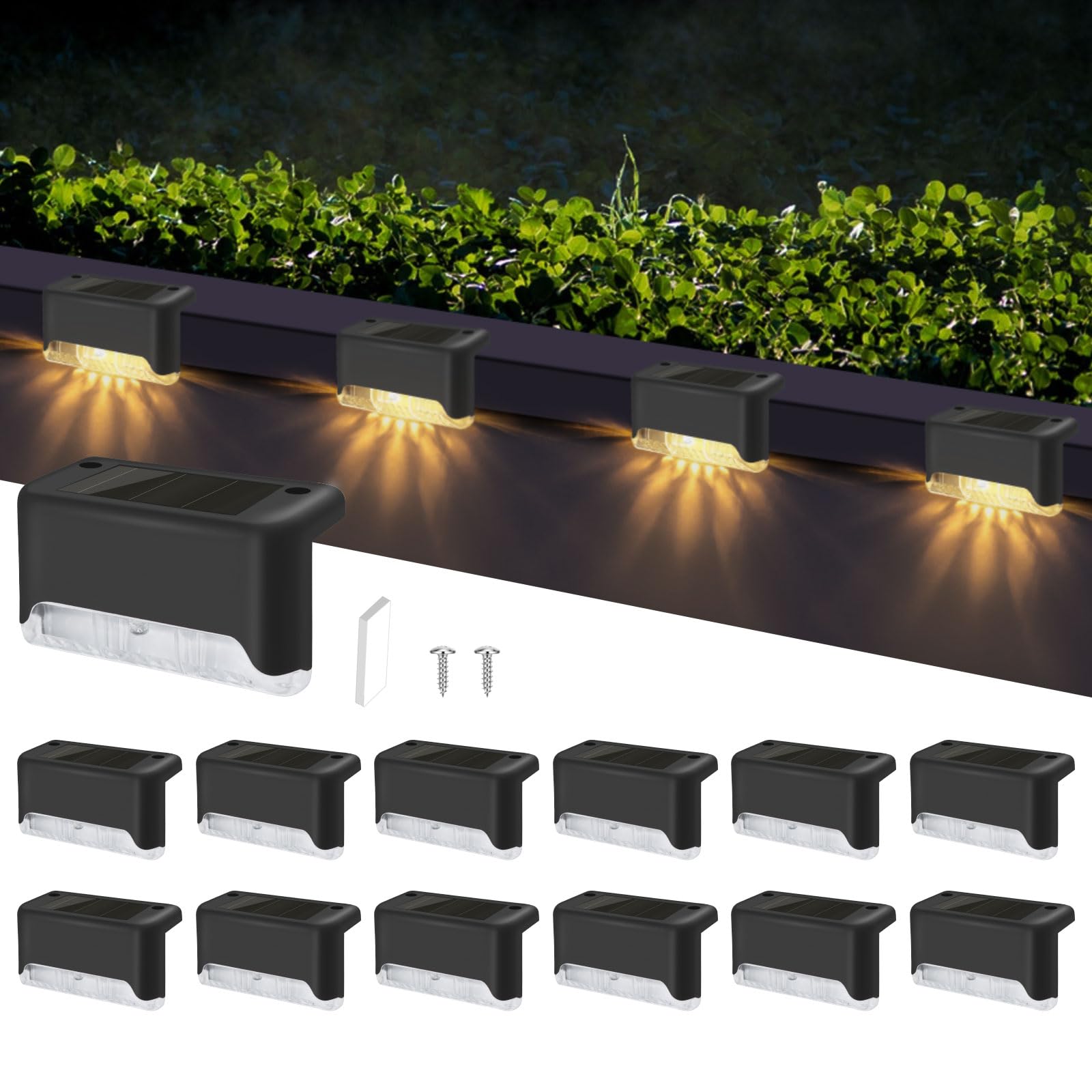 Liuyife 12 Pack Solar Deck Lights - Outdoor Waterproof LED Stair Lights for Steps, Fences, Yard, Patio, Garden, Pool, Driveway (Warm White)
