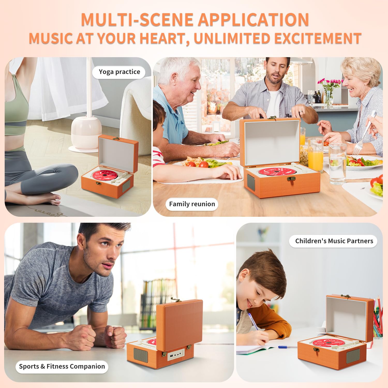 Yintiny Time Music Box CD Player with Speakers; Bluetooth Transmitter; Festival Gift; BGM Player for Home Decor (Orange)