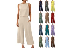 Rkwins Womens 2 Piece Outfits Summer Tank Tops and Wide Leg Set Casual Linen Pants Set Sleeveless Crop Tops Two Piece Sets